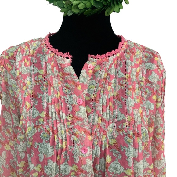 Anthropologie RannaGill Pink Floral Boho Pintuck Crochet Lace Chiffon Top S - Picture 5 of 13